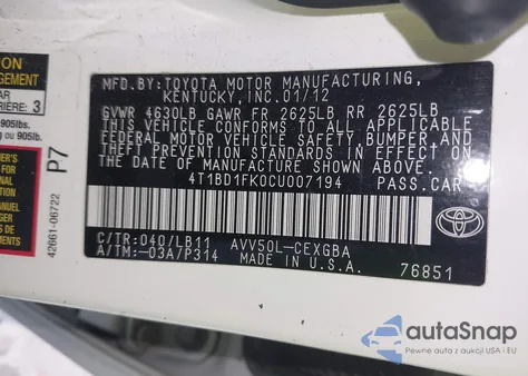 2012 Toyota Camry Hybrid Xle z USA, uszkodzony, nr VIN 4T1BD1FK0CU007194
